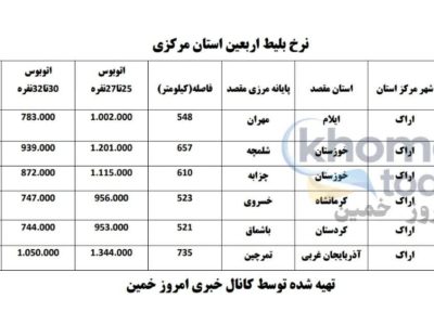نرخ بلیط اتوبوس اربعین استان مرکزی از اراک
